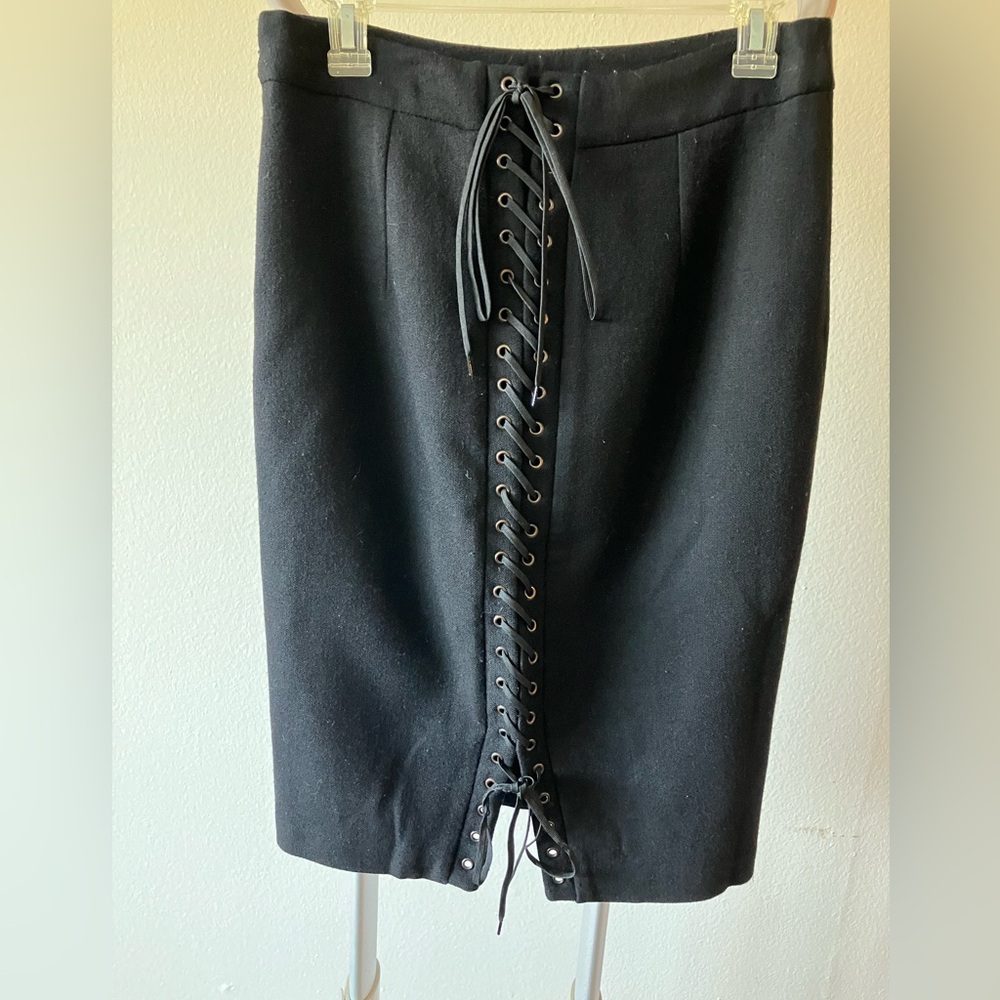 Anne Fontaine Black Laceup Back Wool Blend Straight Pencil Skirt France Sz 38 M